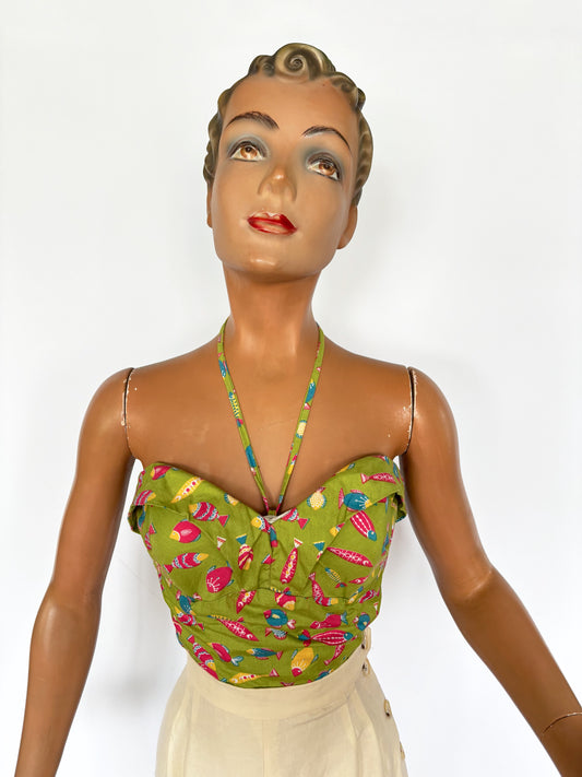 1940s Style Novelty Fish Print Halter Top | Small