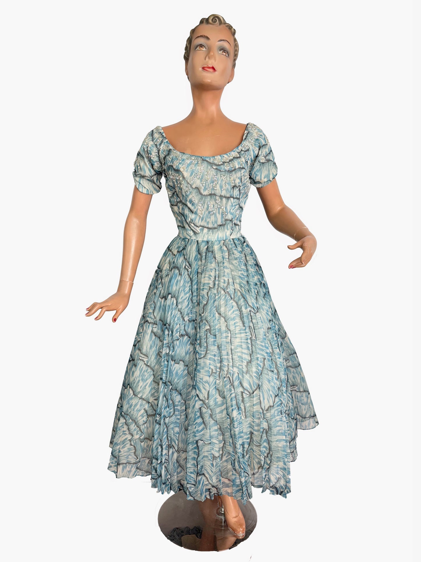 XS | 1950s Blue Chiffon Evening Dress With Sequins