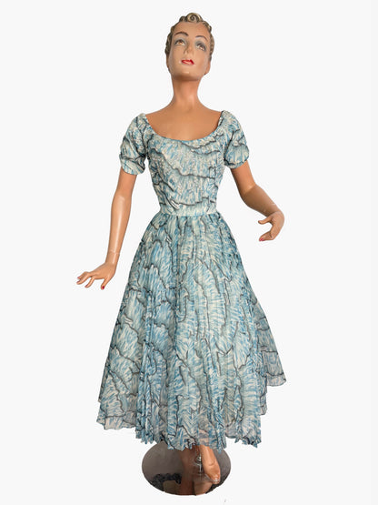 XS | 1950s Blue Chiffon Evening Dress With Sequins
