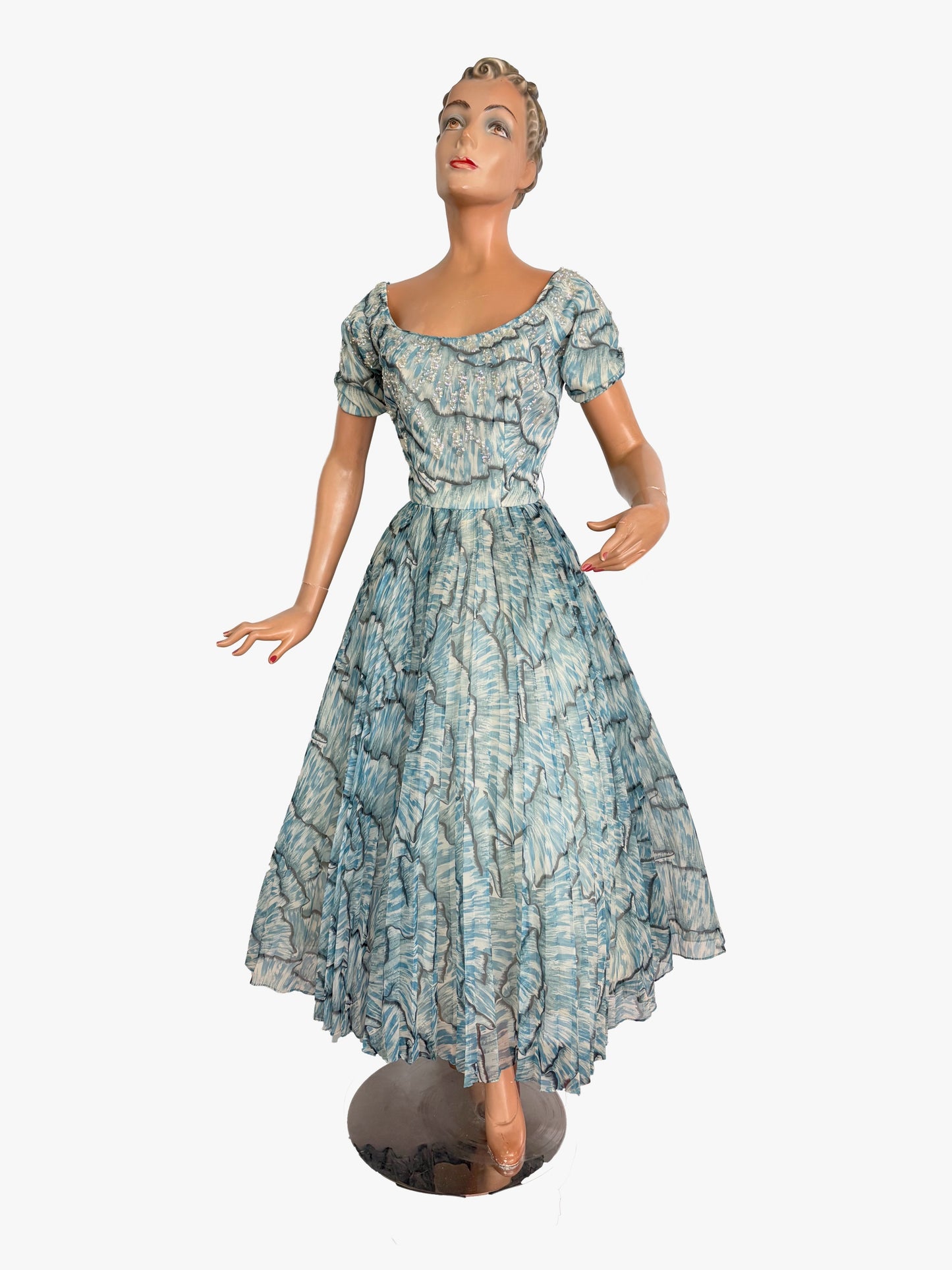 XS | 1950s Blue Chiffon Evening Dress With Sequins