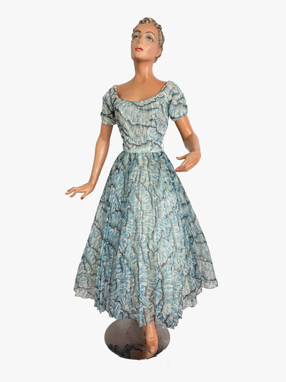 XS | 1950s Blue Chiffon Evening Dress With Sequins