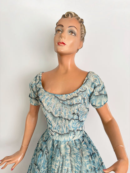 XS | 1950s Blue Chiffon Evening Dress With Sequins