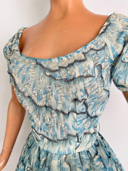 XS | 1950s Blue Chiffon Evening Dress With Sequins