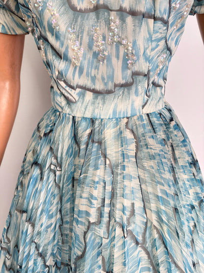 XS | 1950s Blue Chiffon Evening Dress With Sequins
