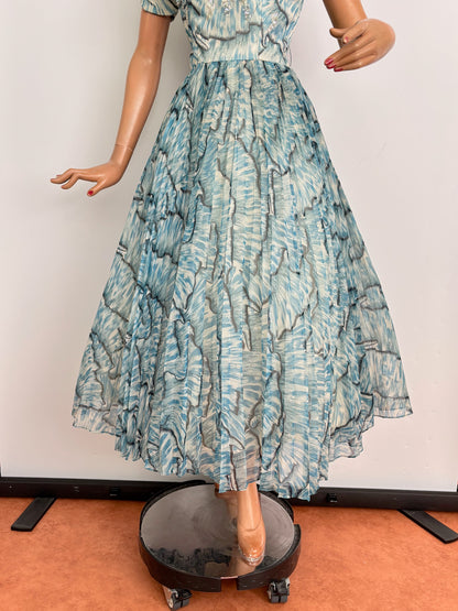 XS | 1950s Blue Chiffon Evening Dress With Sequins