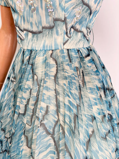 XS | 1950s Blue Chiffon Evening Dress With Sequins