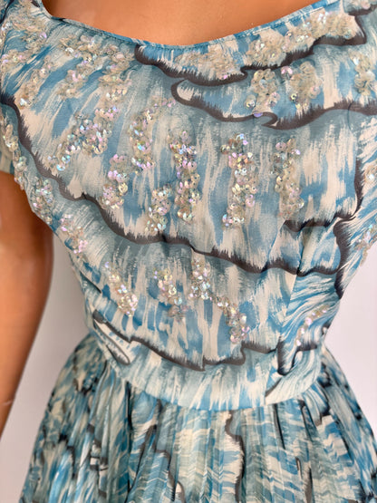XS | 1950s Blue Chiffon Evening Dress With Sequins