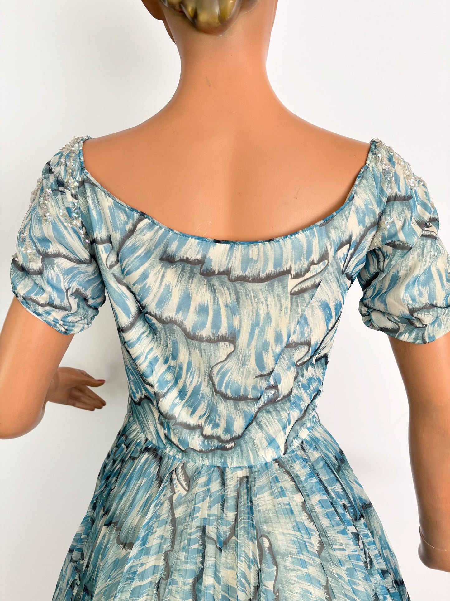 XS | 1950s Blue Chiffon Evening Dress With Sequins