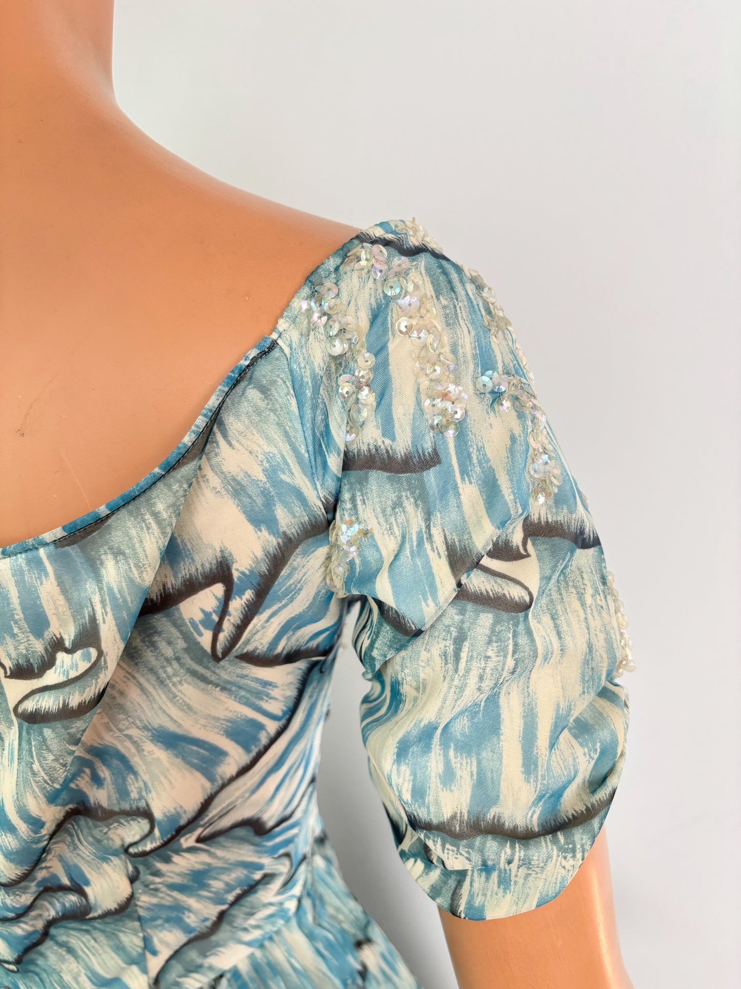 XS | 1950s Blue Chiffon Evening Dress With Sequins