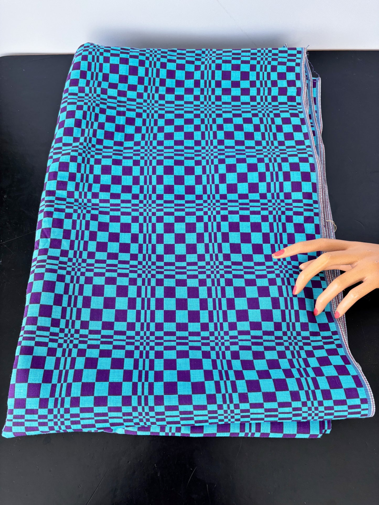 4m 1960s Psychedelic Op Art Fabric – Blue Purple Wool Blend Deadstock
