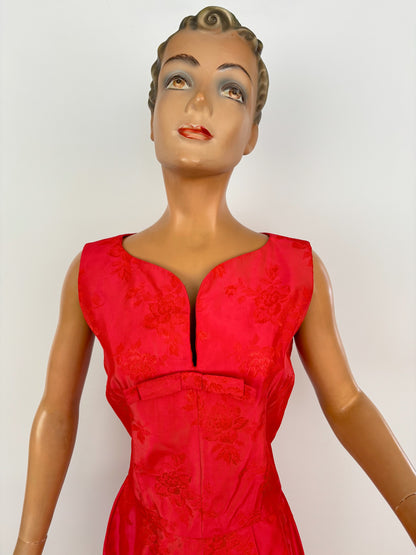 S/M | 1950s/60s Pink Red Brocade Wiggle Dress