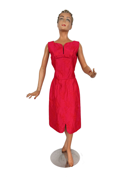 S/M | 1950s/60s Pink Red Brocade Wiggle Dress