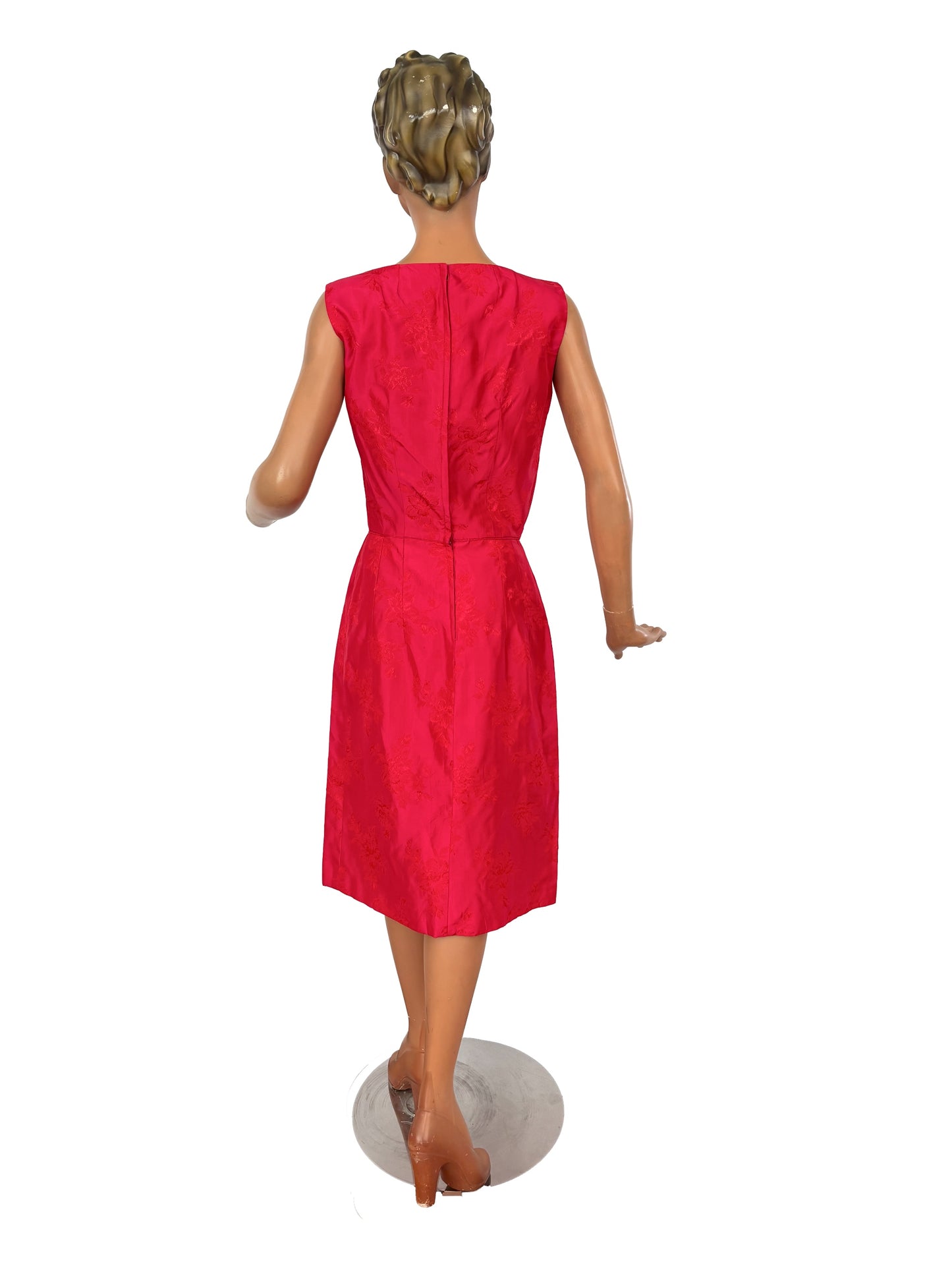 S/M | 1950s/60s Pink Red Brocade Wiggle Dress