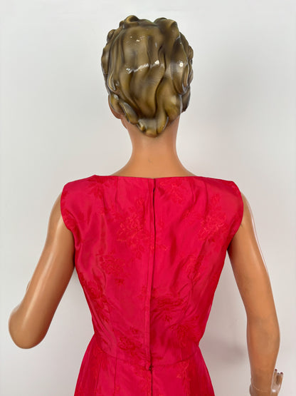 S/M | 1950s/60s Pink Red Brocade Wiggle Dress