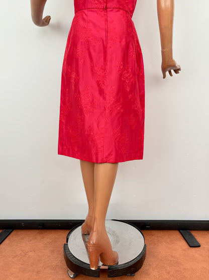 S/M | 1950s/60s Pink Red Brocade Wiggle Dress