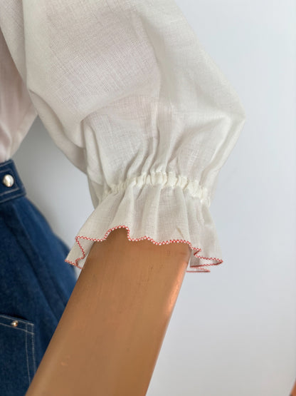 M/L | 1970s Romanian Blouse White Cotton Red Embroidery
