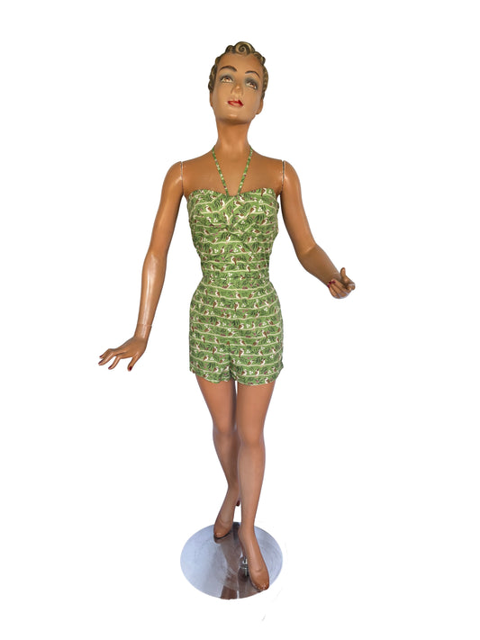 1940s Style Beach Set / Playsuit Kookaburra Print Novelty Print Top | XS/S