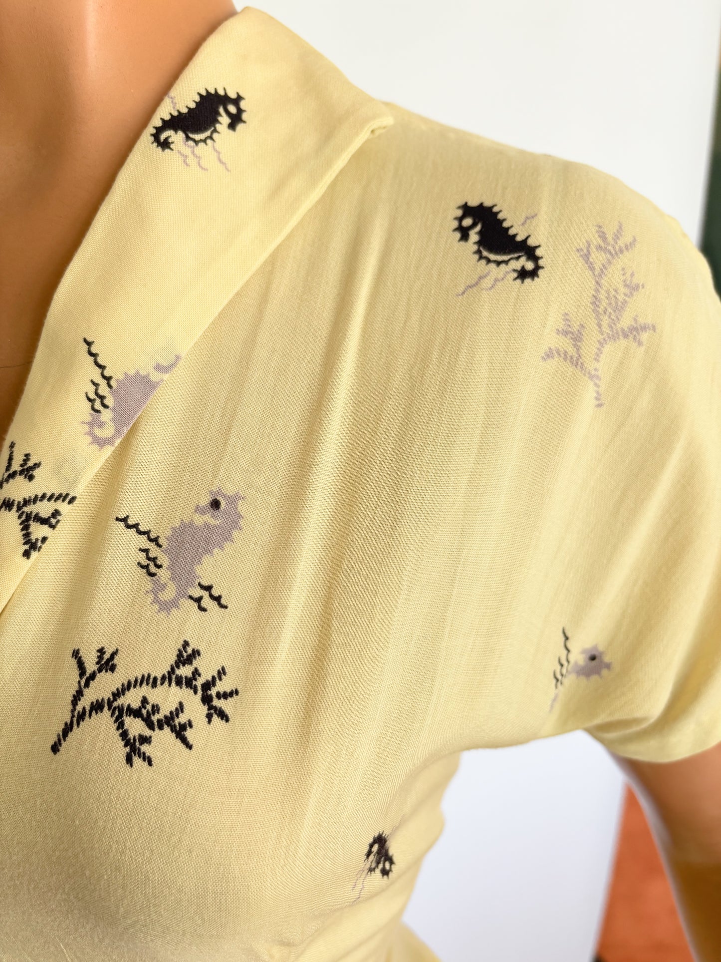 1940s Rayon Seahorse Novelty Print Dress | Small
