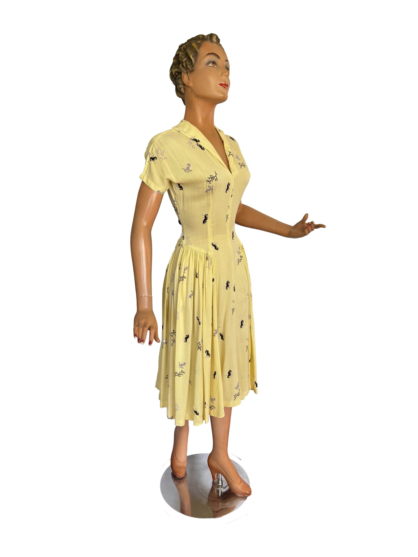 1940s Rayon Seahorse Novelty Print Dress | Small