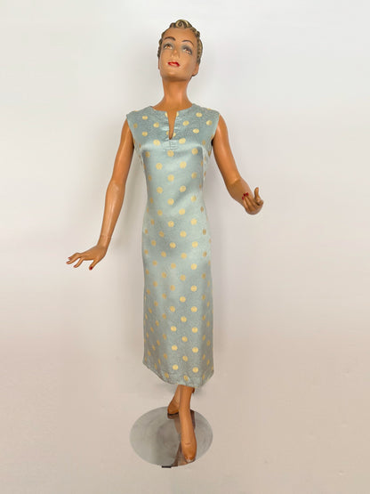 S | 1960s Blue Gold Brocade Chinese Style Wiggle Dress