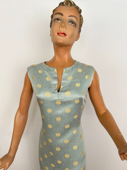 S | 1960s Blue Gold Brocade Chinese Style Wiggle Dress