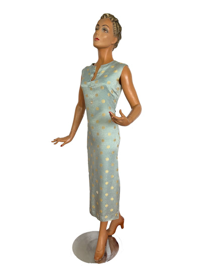 S | 1960s Blue Gold Brocade Chinese Style Wiggle Dress