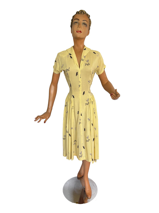 1940s Rayon Seahorse Novelty Print Dress | Small