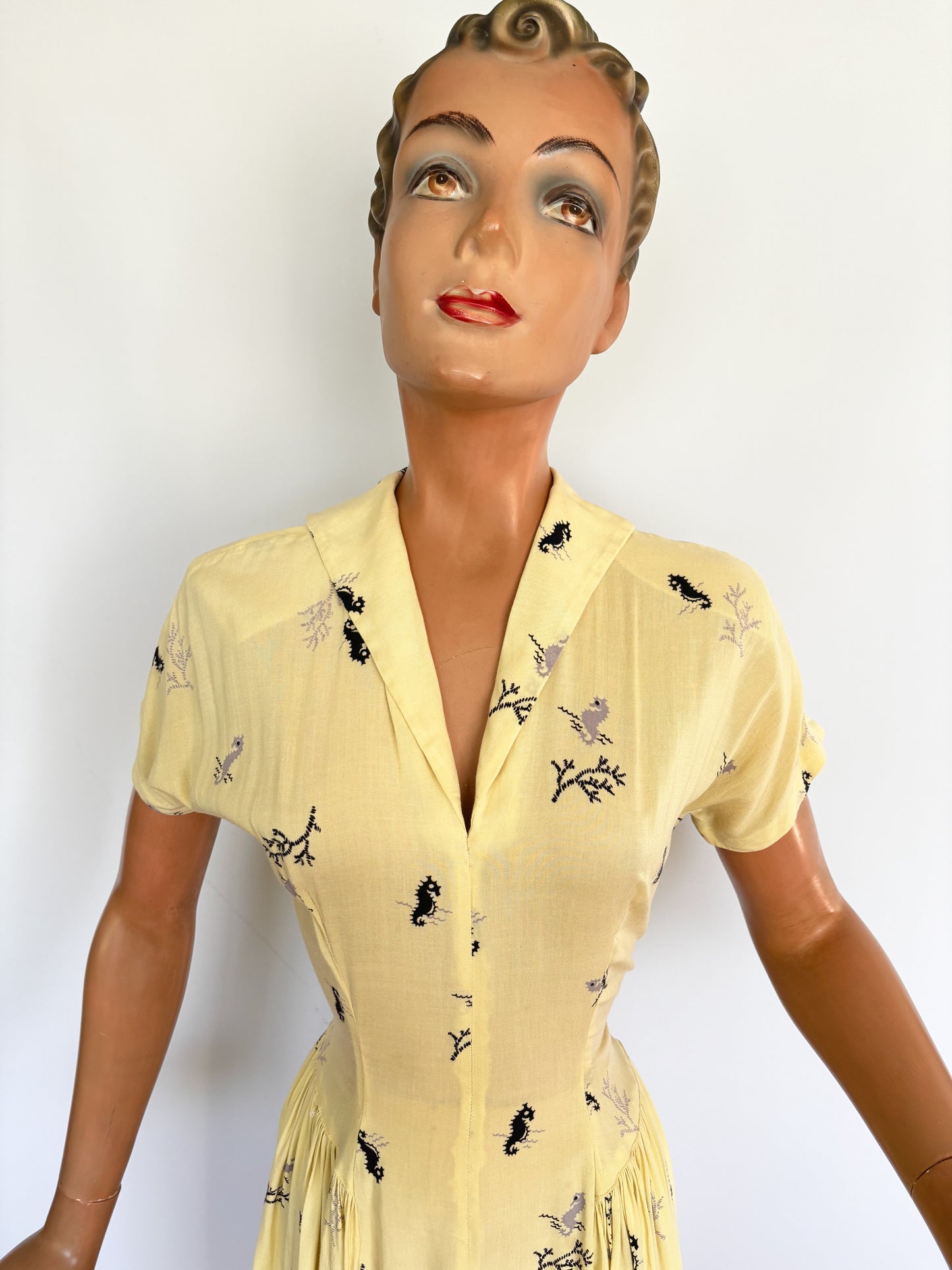1940s Rayon Seahorse Novelty Print Dress | Small
