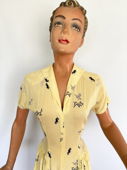 1940s Rayon Seahorse Novelty Print Dress | Small