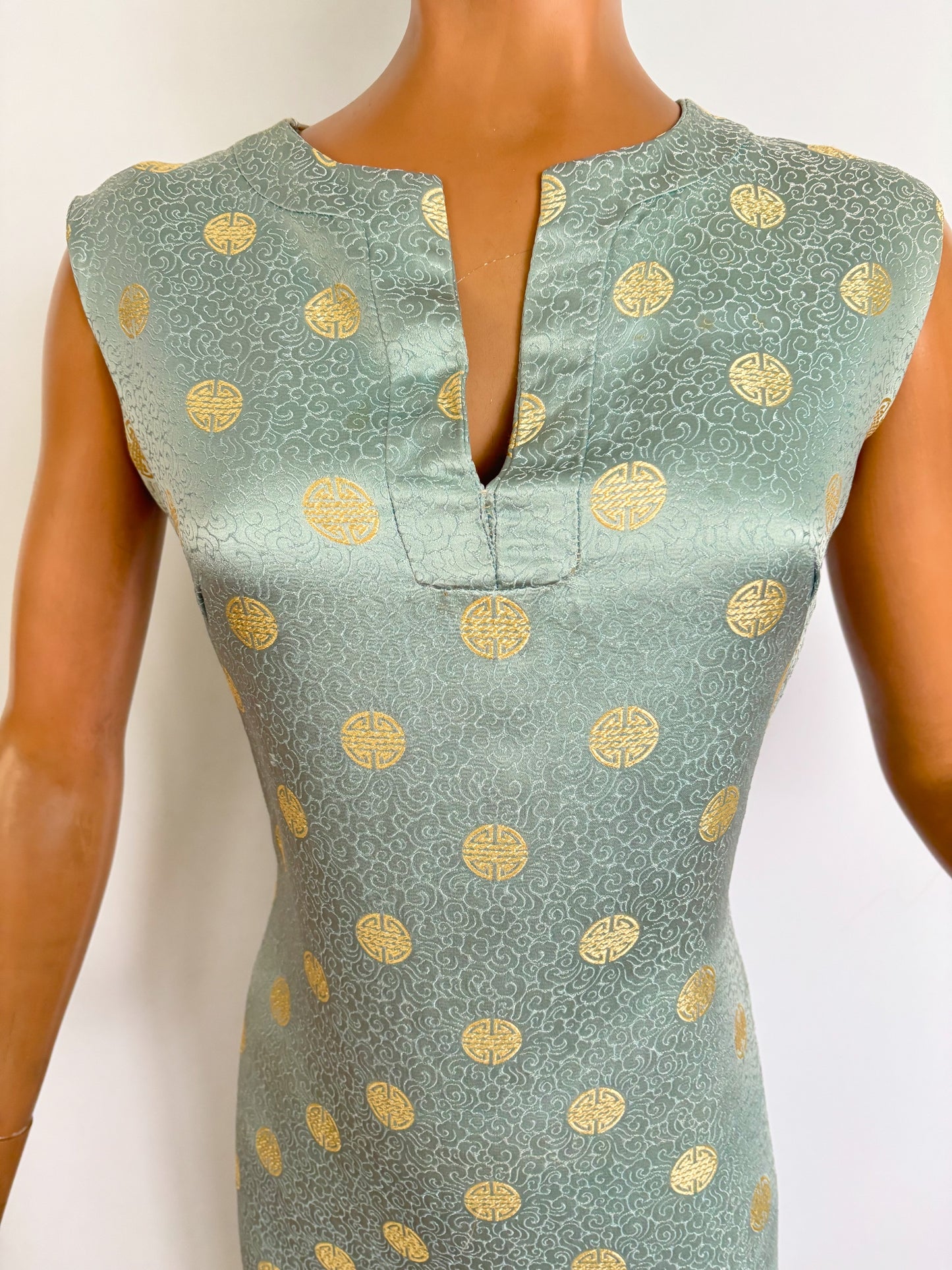 S | 1960s Blue Gold Brocade Chinese Style Wiggle Dress