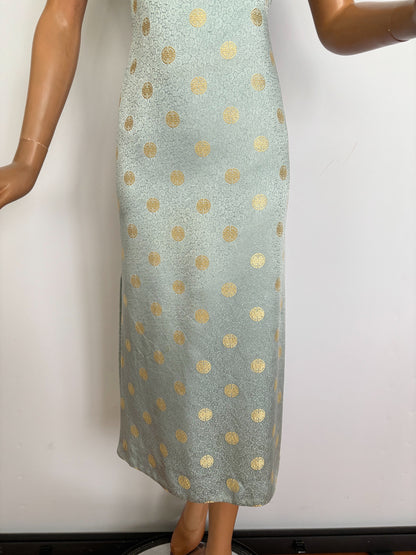S | 1960s Blue Gold Brocade Chinese Style Wiggle Dress
