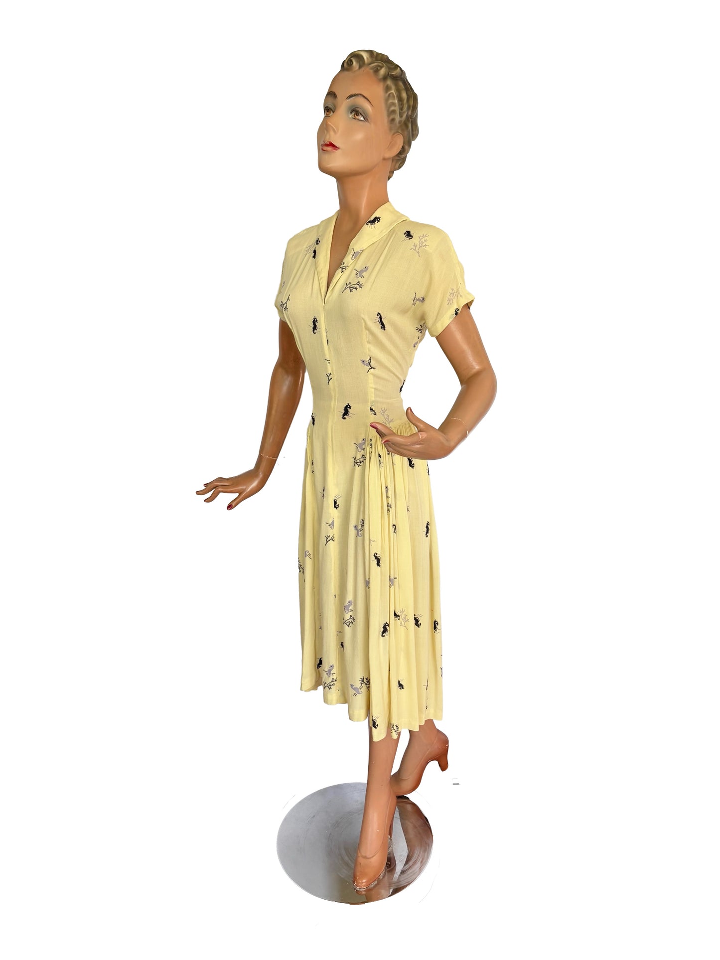 1940s Rayon Seahorse Novelty Print Dress | Small