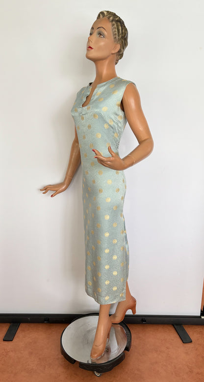 S | 1960s Blue Gold Brocade Chinese Style Wiggle Dress