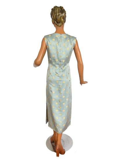 S | 1960s Blue Gold Brocade Chinese Style Wiggle Dress