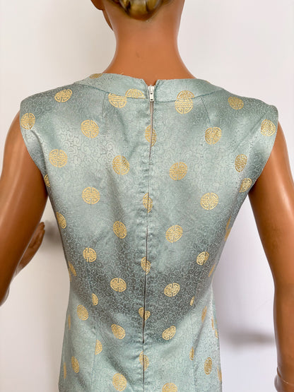 S | 1960s Blue Gold Brocade Chinese Style Wiggle Dress