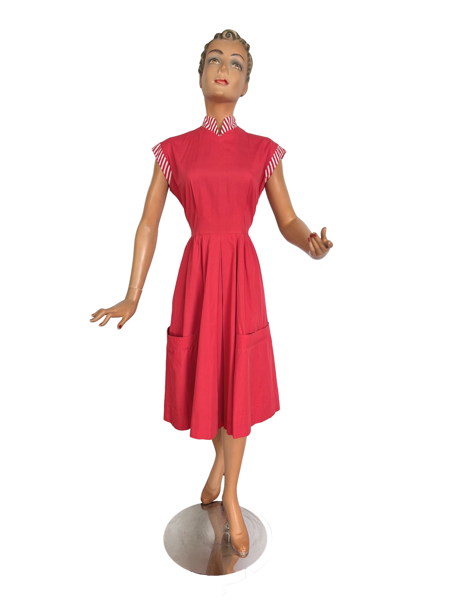 S/M | 1940s/50s Raspberry Cotton Day Dress With Striped Trim