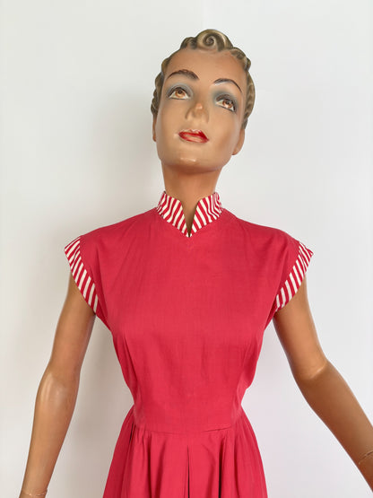 S/M | 1940s/50s Raspberry Cotton Day Dress With Striped Trim