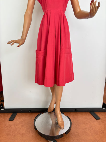 S/M | 1940s/50s Raspberry Cotton Day Dress With Striped Trim