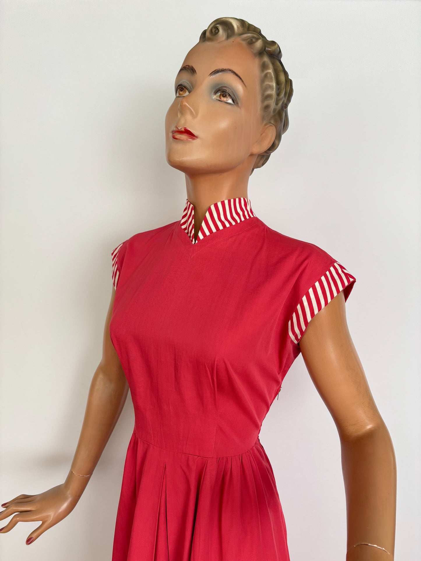 S/M | 1940s/50s Raspberry Cotton Day Dress With Striped Trim