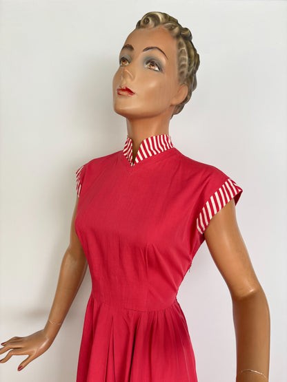 S/M | 1940s/50s Raspberry Cotton Day Dress With Striped Trim