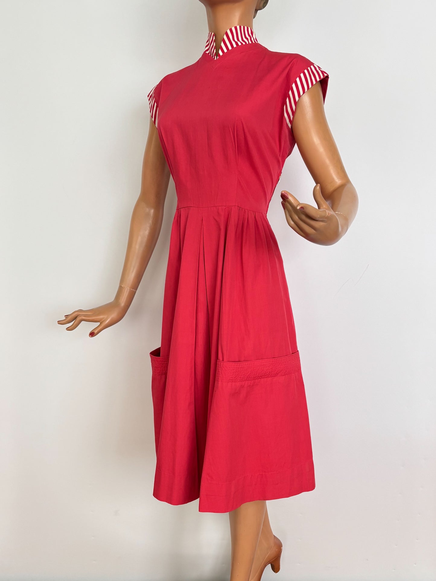 S/M | 1940s/50s Raspberry Cotton Day Dress With Striped Trim