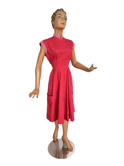 S/M | 1940s/50s Raspberry Cotton Day Dress With Striped Trim