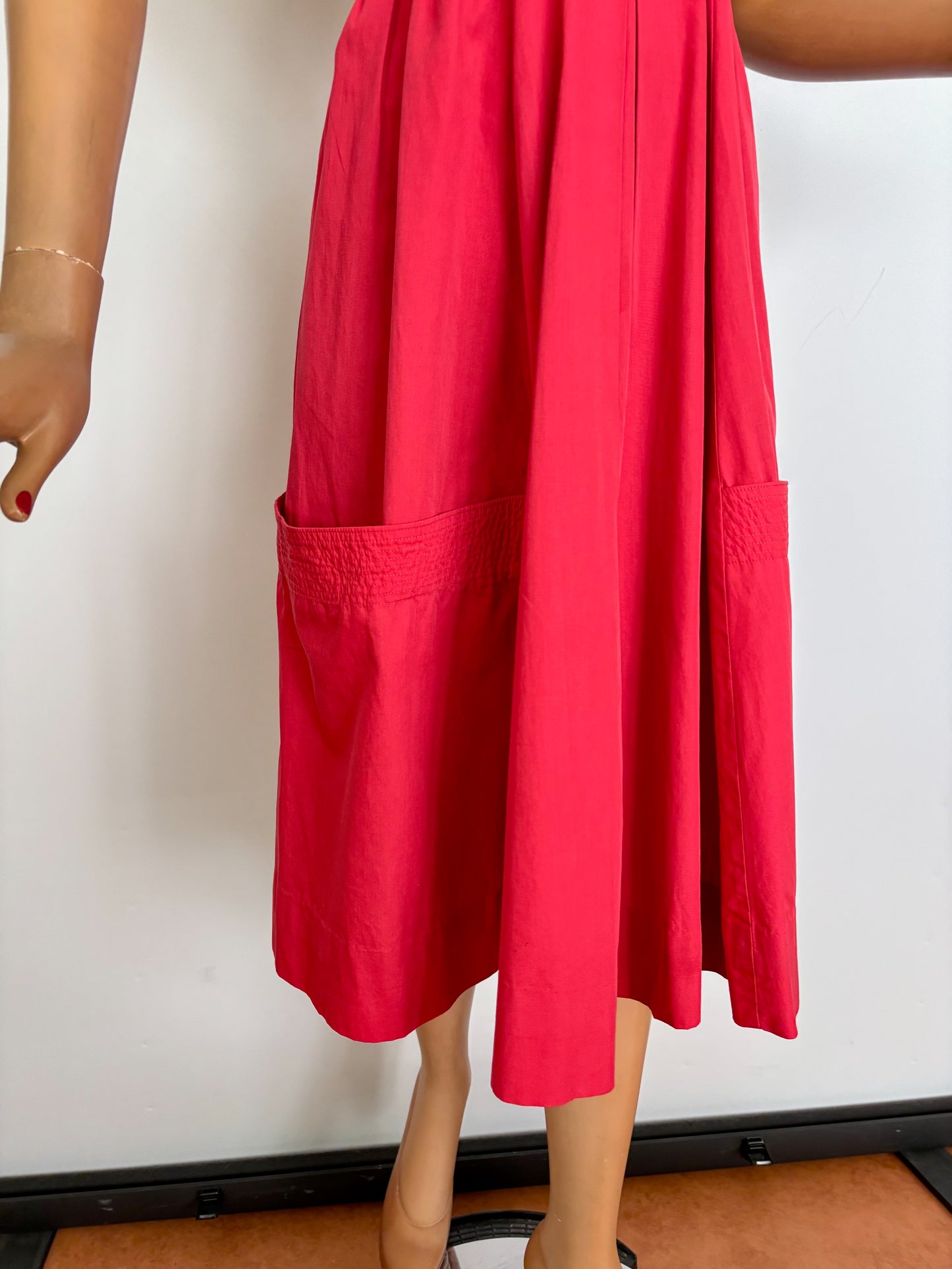 S/M | 1940s/50s Raspberry Cotton Day Dress With Striped Trim