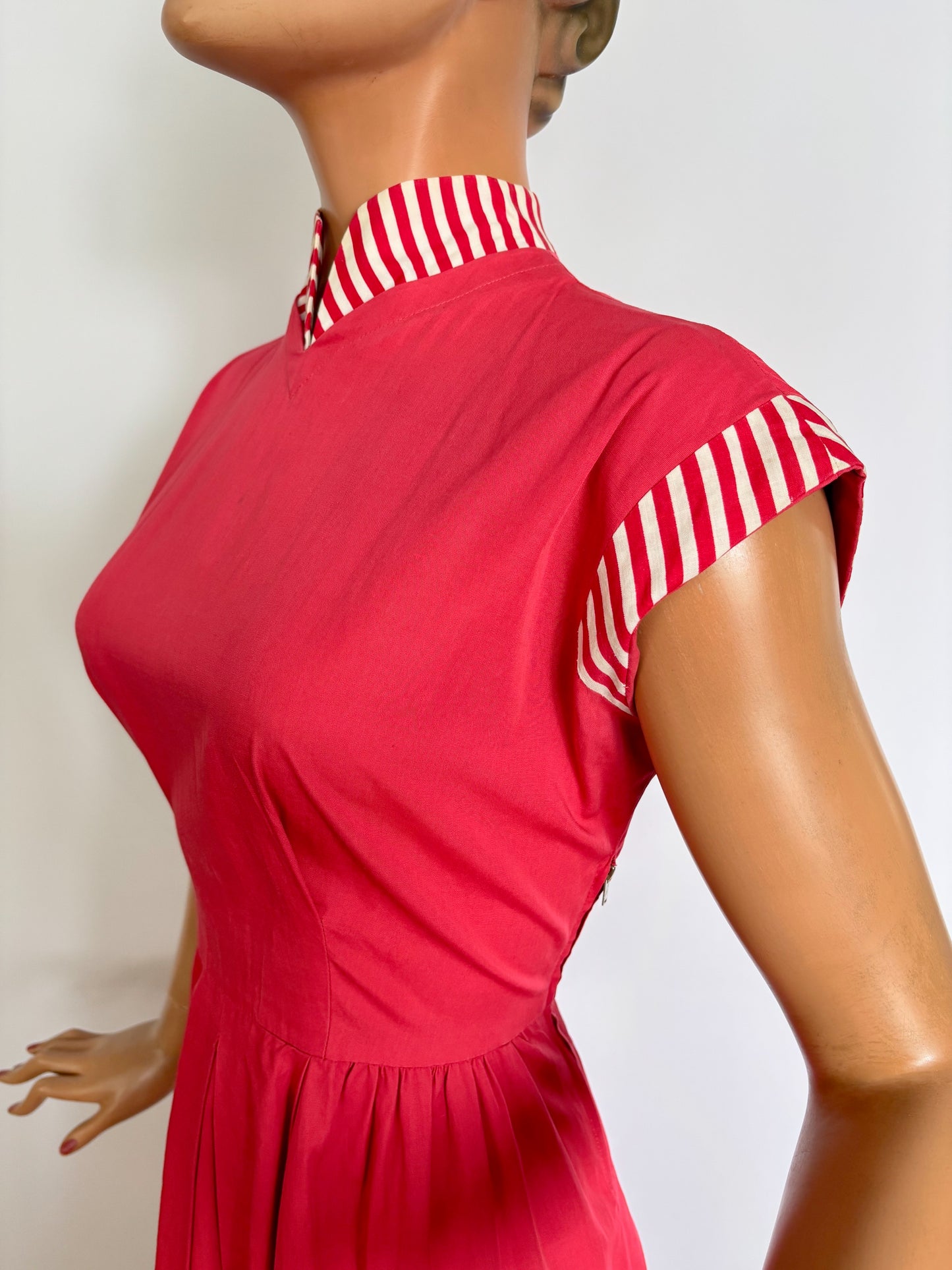 S/M | 1940s/50s Raspberry Cotton Day Dress With Striped Trim