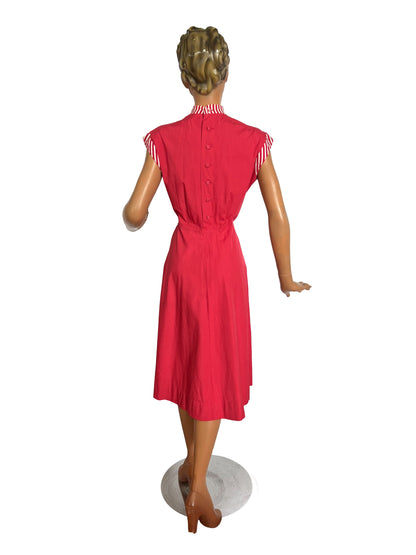 S/M | 1940s/50s Raspberry Cotton Day Dress With Striped Trim