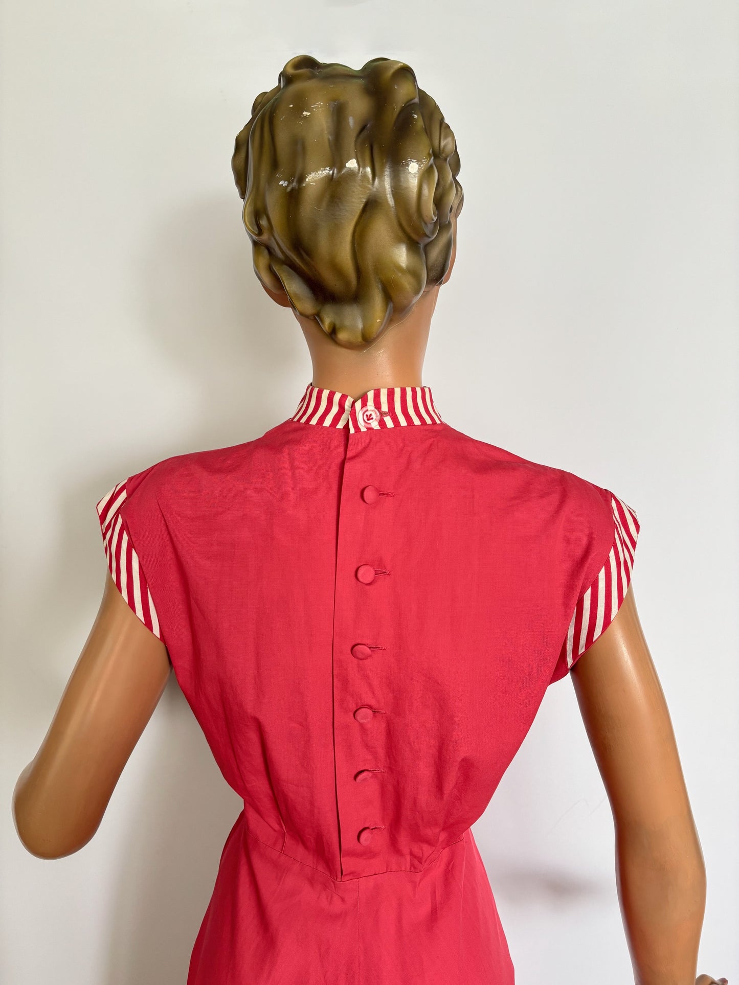 S/M | 1940s/50s Raspberry Cotton Day Dress With Striped Trim