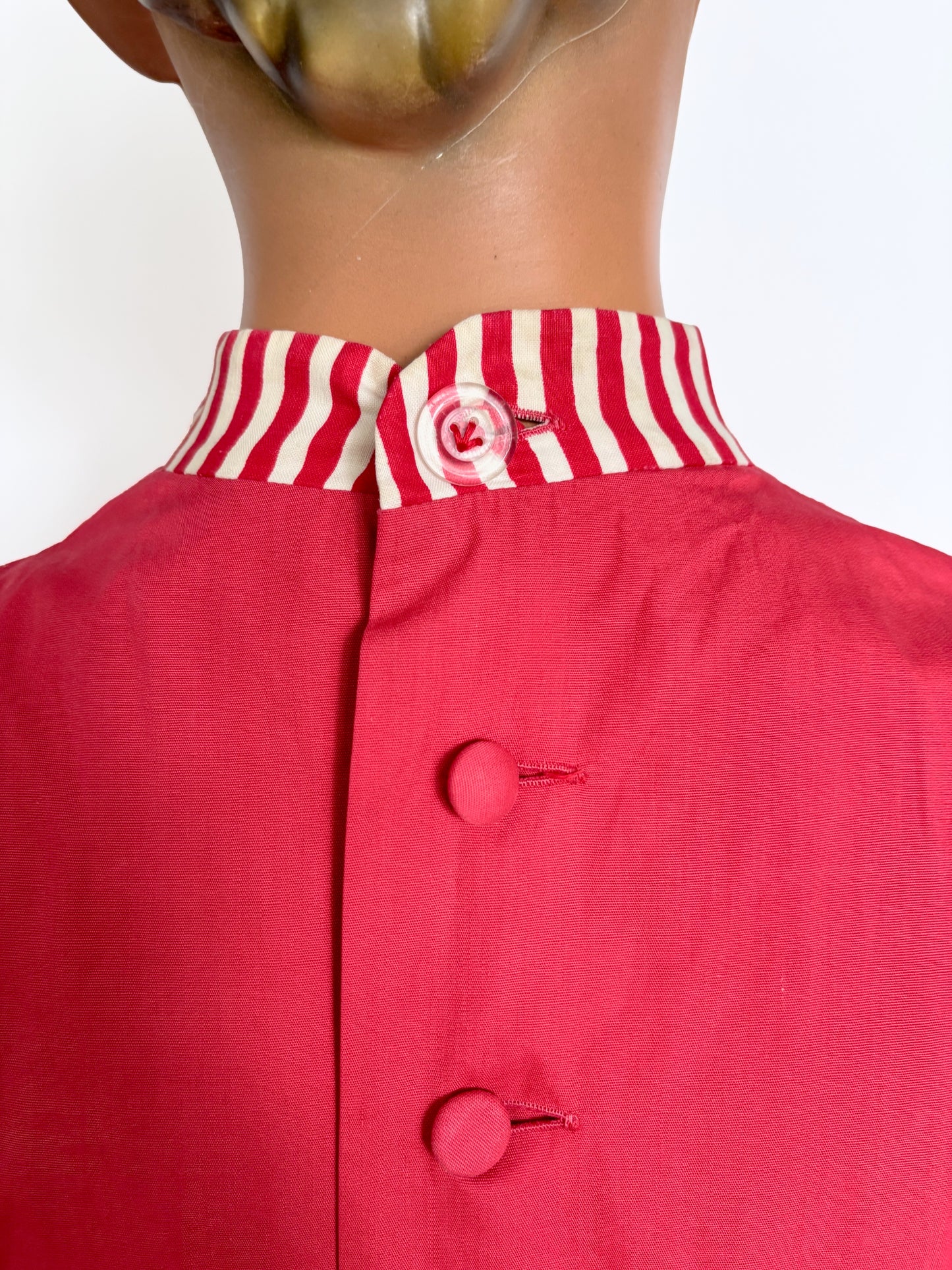 S/M | 1940s/50s Raspberry Cotton Day Dress With Striped Trim