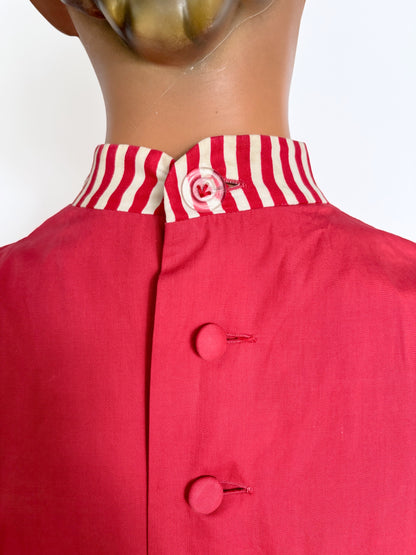 S/M | 1940s/50s Raspberry Cotton Day Dress With Striped Trim