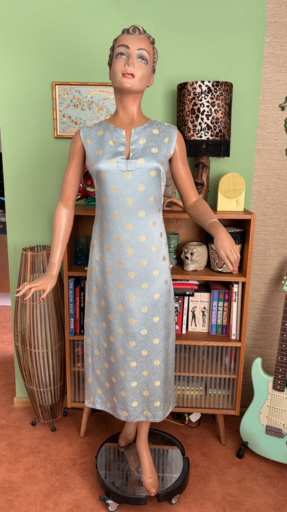 S | 1960s Blue Gold Brocade Chinese Style Wiggle Dress