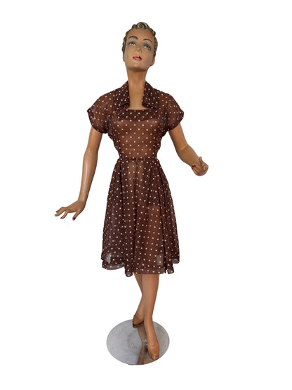 S | 1950s Organza with Polkadot Flock Print Dress